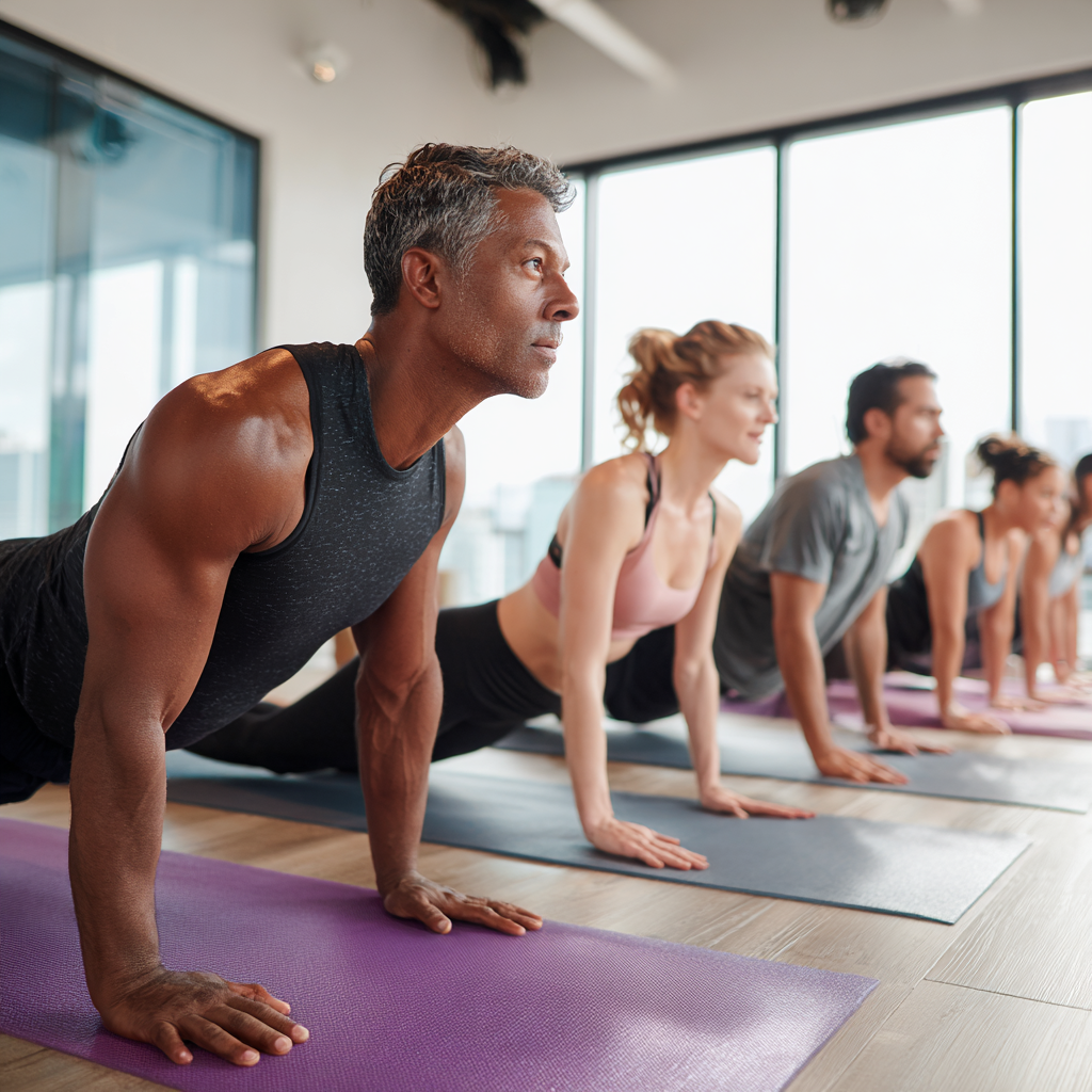 A group of adults in their 40s and 50s participating in a fitness class in a bright, modern studio. They are performing bodyweight exercises on yoga mats, with natural lighting streaming through large windows. The participants show diverse ethnicities and are wearing comfortable workout attire, displaying focused determination during their exercise routine.